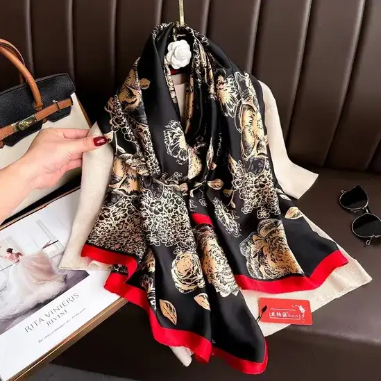 Beige Roses Flowers Satin Red & Black Printed Scarf by Bandano Pakistan