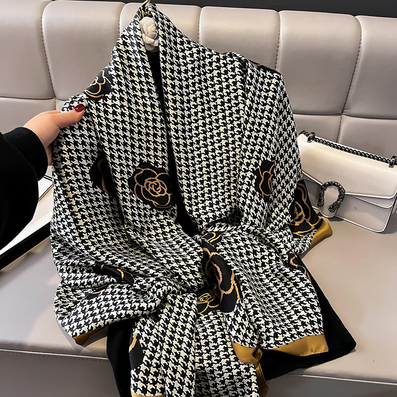 Dark Houndstooth Printed Scarf - close-up of the fabric