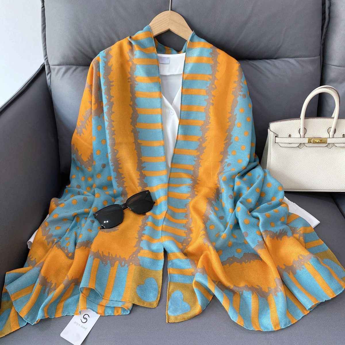 Carmine Orange Printed Scarf - worn styling