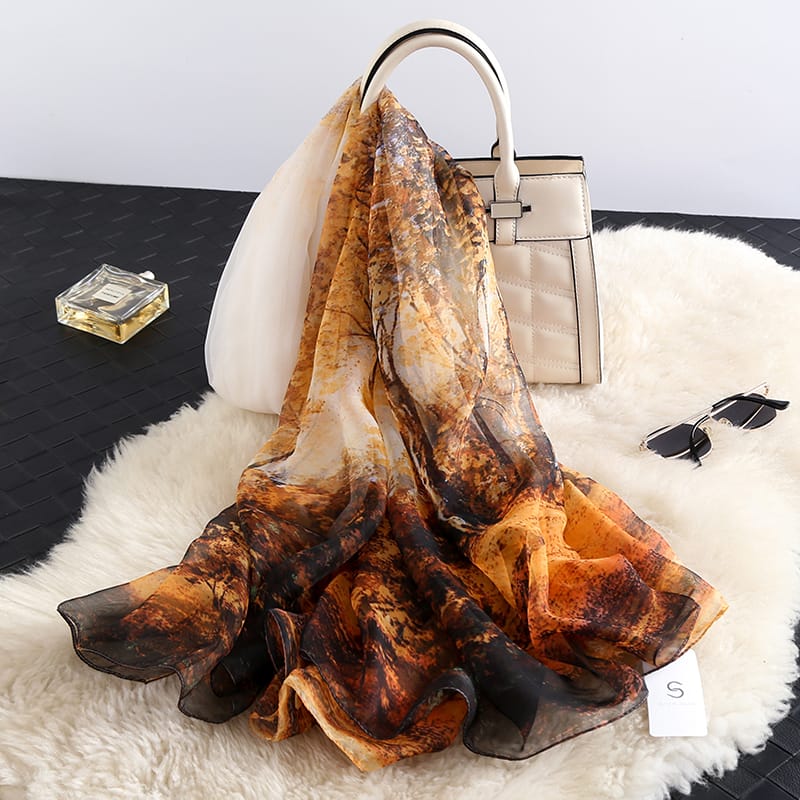 Fall Leaf Turmeric Chiffon Georgette Scarf - folded detail