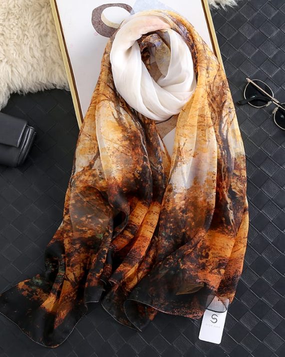 Fall Leaf Turmeric Chiffon Georgette Scarf by Bandano Pakistan