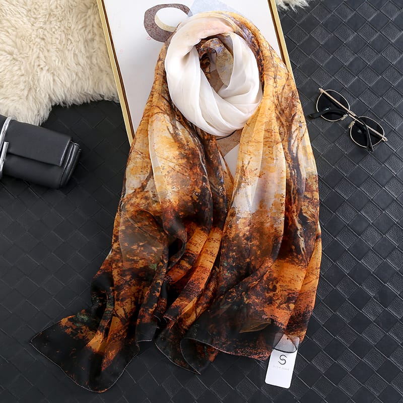 Fall Leaf Turmeric Chiffon Georgette Scarf by Bandano Pakistan