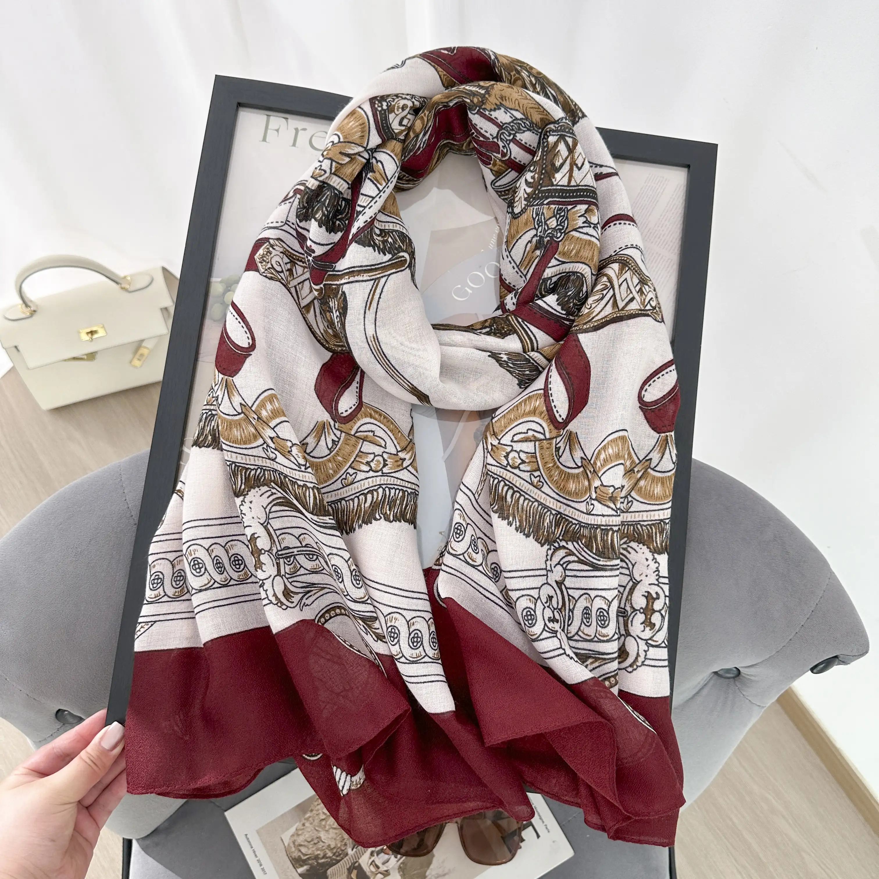 Flint Maroon Printed Scarf - styled view