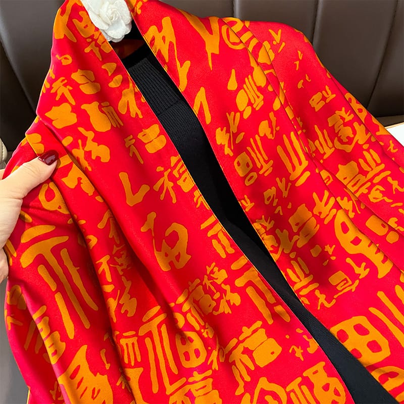 Janemba Red Printed Scarf - worn styling