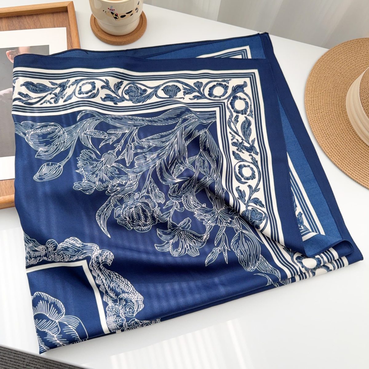 Nautical Blue Head Scarf - draped detail