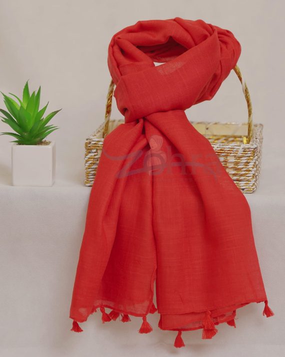 Deep Pastel Red Plain With Tassels Stole Scarf by Bandano Pakistan